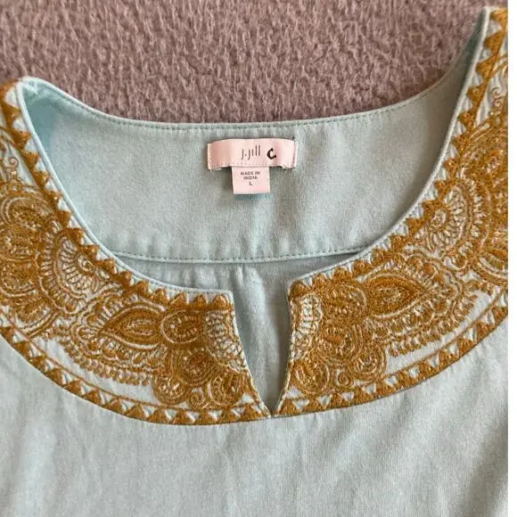 J Jill Tank Top Large Embroidered V-Neck Sleeveless Blouse Stretch Gold Beach - Picture 2 of 13